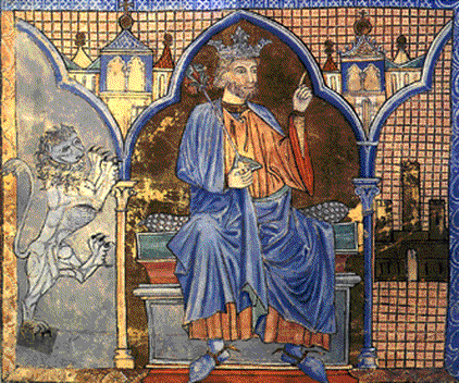 Fernando III el Santo flanqueado por un len y un castillo, smbolos de sus reinos, en una miniatura del Tumbo A, cartulario de los ss. XII y XIII