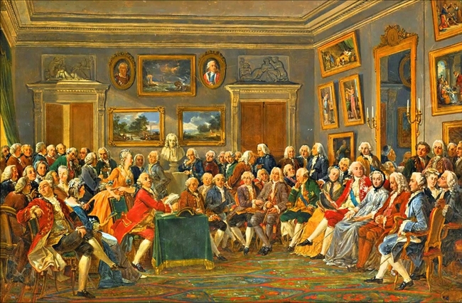 En los salones de la aristocracia se fue cebando la Revolución Francesa Lectura de la tragedia del Orfelino de China, de Voltaire, en el salón de madame Geoffrin (por Anicet Charles Gabriel Lemonnier, c. 1812 — Castillo de Malmaison, Rueil-Malmaison, Francia)